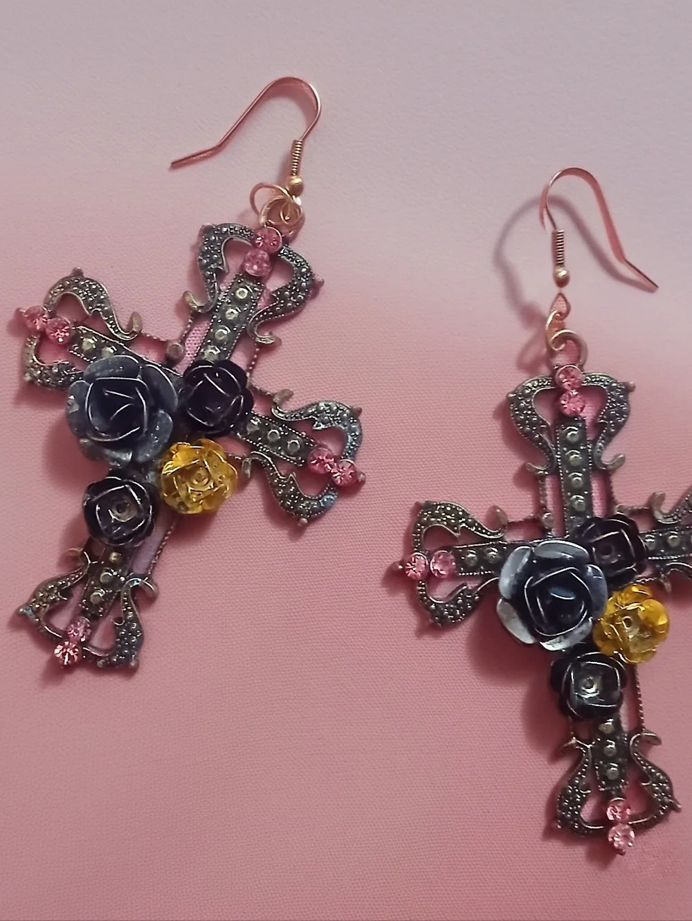 Women's Vintage Inspired Large Statement Ornate Gold Cross Drop Earrings